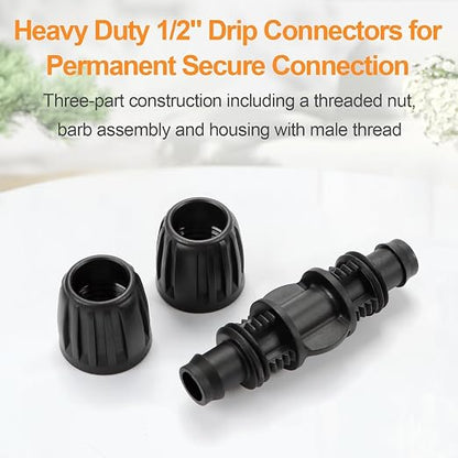 18 Pieces1/2 Inch Drip Irrigation Fittings Kit, 1/2'' Drip Line Barbed Locked Connectors for 1/2 Inch Irrigation Tubing (1/2" ID x 0.670" OD) Includes Coupling Tee Elbow Plug Faucet Adapter