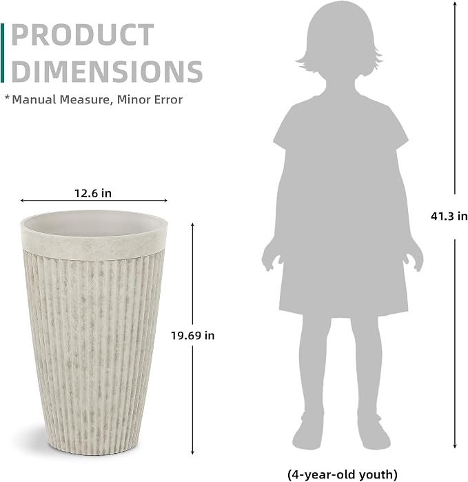 2-Pack 20" Vintage Ivory Resin Tall Planters with Fluted Texture | Set of 2 resin tall planters with fluted texture, drainage plugs, and UV-resistant finish for porch, patio, or garden.