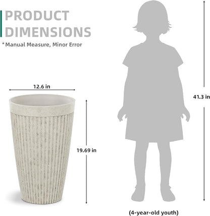 2-Pack 20" Vintage Ivory Resin Tall Planters with Fluted Texture | Set of 2 resin tall planters with fluted texture, drainage plugs, and UV-resistant finish for porch, patio, or garden.