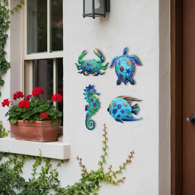 VEWOSTAR Metal Ocean Wall Art Decor Outdoor - Themed Metal Wall Sculpture Set of 4, Beach House Decor for Bathroom, Coastal Patio, Garden Fence, Pool Wall Art, Nautical Outdoor Decor Gift