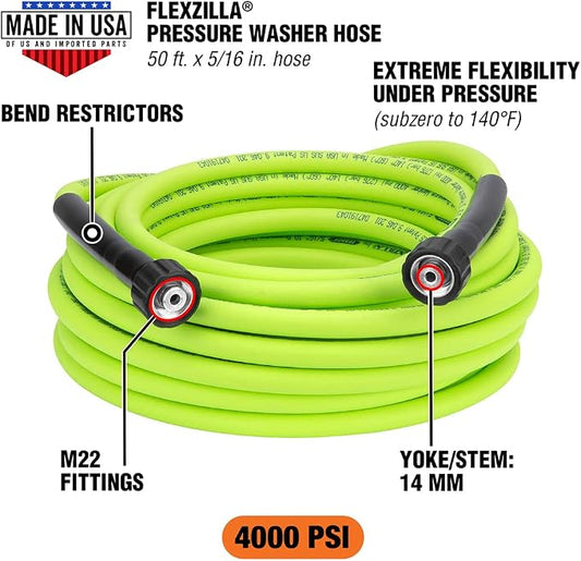 Flexzilla Pressure Washer Replacement Hose, 5/16 in. x 50 ft., 4000 PSI, M22 Fittings, No-Kink, Lightweight, ZillaGreen