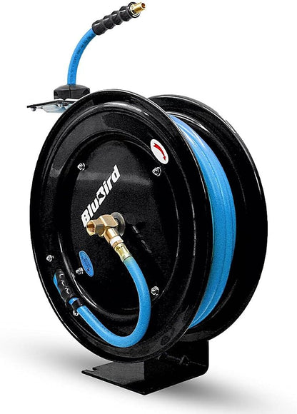 BLUBIRD BBR3825 20ga. Retractable Hose Reel with 3/8" x 25' Air Hose, 12 Point Ratcheting Gear, Next-Gen Rubber, Lightest, Strongest, Most Flexible, 300 PSI, -50F to 190F Degrees, Polyester Braided