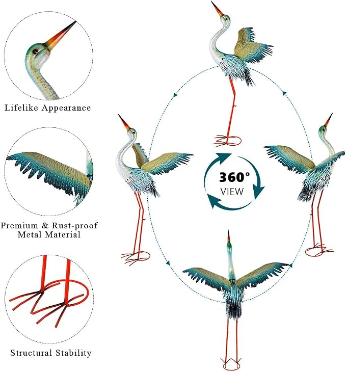 40" Metal Crane Garden Statue, Large Outdoor Heron Sculpture,Rust-Proof Garden Sculptures & Statues,Yard Art for Patio & Backyard