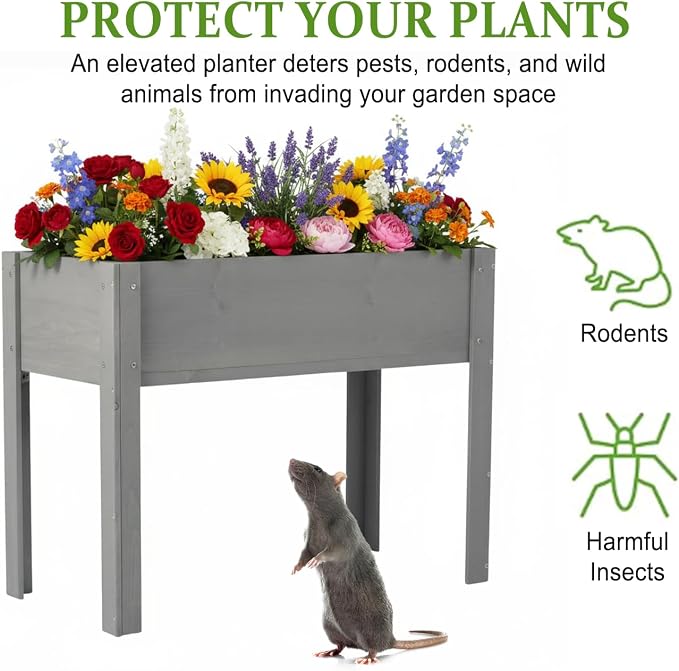 Raised Garden Bed with Legs, 40x20x31 in Planter Boxes Outdoor, Elevated Wooden Planter Box Standing Growing Bed for Gardening, Backyard, Patio and Balcony (Grey, 40x20x31)