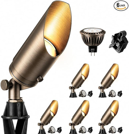 HIBOITEC Solid Brass Outdoor Landscape Spotlights Light Fixture with 5W Aluminum Housing MR16 LED Bulb 2700K 450LM, 12V AC/DC, Low Voltage Outdoor Spot Lighting, Uplight for Garden, 6Pack