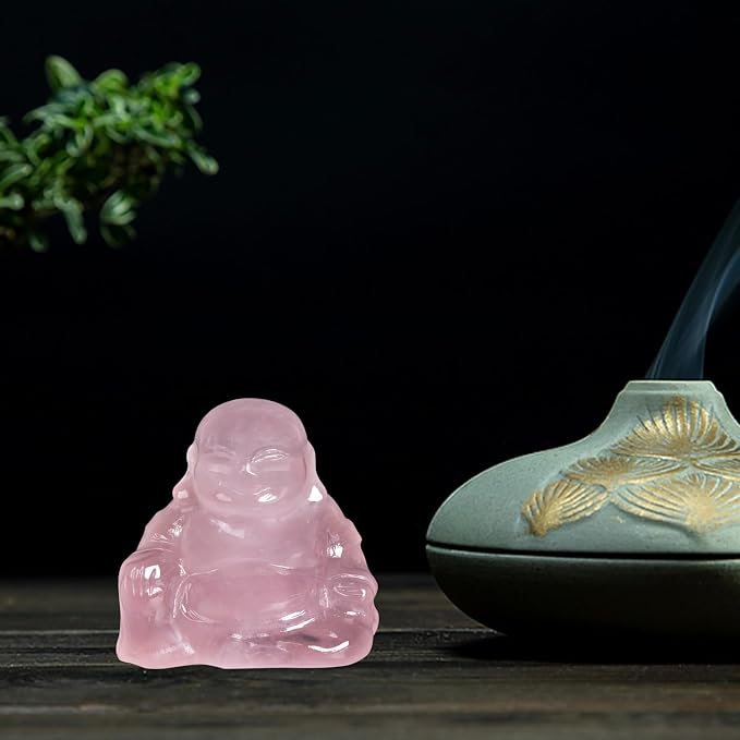 Rose Quartz Crystal Laughing Buddha Statue Meditation Decor Spiritual Art Piece Healing Stone Figurine Zen Altar Sculpture Feng Shui Gift Yoga Space Ornament Peaceful Home Temple Collectible