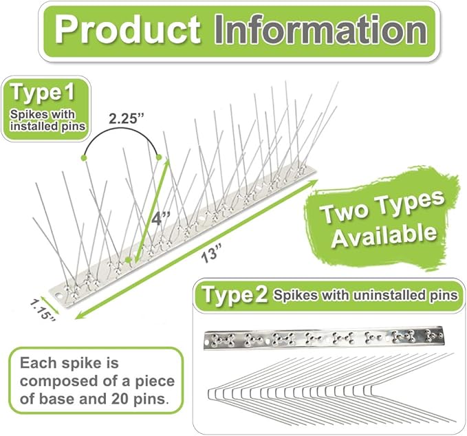 Bird Spikes Stainless Steel 43ft Coverage 40 Pack for Pigeons Small Birds Outdoor Use Bird Prevention Strips for Fence Crows Woodpeckers with 304 Stainless Steel Pins and Base Not Rusty