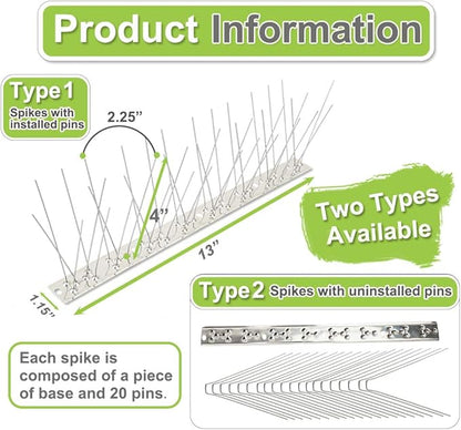 Bird Spikes Stainless Steel 43ft Coverage 40 Pack for Pigeons Small Birds Outdoor Use Bird Prevention Strips for Fence Crows Woodpeckers with 304 Stainless Steel Pins and Base Not Rusty