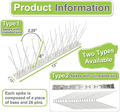 Bird Spikes Stainless Steel 100ft Coverage 93 Pack for Pigeons Small Birds Outdoor Use Bird Prevention Strips for Fence Crows Woodpeckers with 304 Stainless Steel Pins and Base Not Rusty