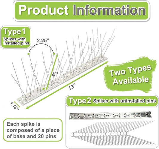 Bird Spikes Stainless Steel 100ft Coverage 93 Pack for Pigeons Small Birds Outdoor Use Bird Prevention Strips for Fence Crows Woodpeckers with 304 Stainless Steel Pins and Base Not Rusty
