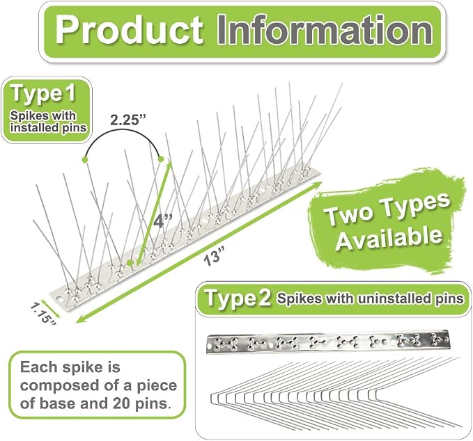 Bird Spikes Stainless Steel 65ft Coverage 60 Pack for Pigeons Small Birds Outdoor Use Bird Prevention Strips for Fence Crows Woodpeckers with 304 Stainless Steel Pins and Base Not Rusty