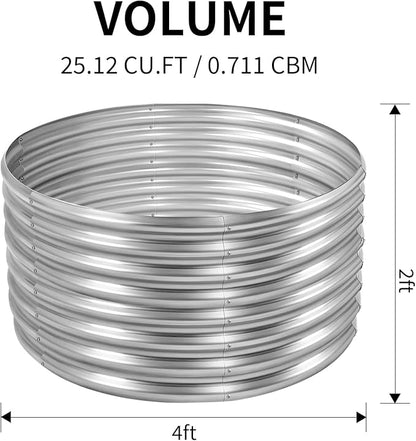 Land Guard 4×4×2ft Galvanized Raised Garden Bed Kit, Round Galvanized Planter Raised Garden Boxes Outdoor, Large Metal Raised Garden Beds for Vegetables, Silver