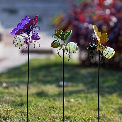 Garden Decor for Outside,3 Pcs Luminous Insect Garden Decorative Stakes,Glow in The Dark Bee Lights Metal Yard Art,Waterproof Outdoor Spring Lawn Patio Pathway Decoration for Mom,Women,Grandma