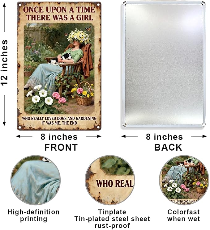 Garden Metal Tin, A Girl Loves Dogs and Gardening Sign | Funny Wall Art for Outdoor Garden Yard Porch Patio Backyard Wall Decor,Gardening Gifts for Women
