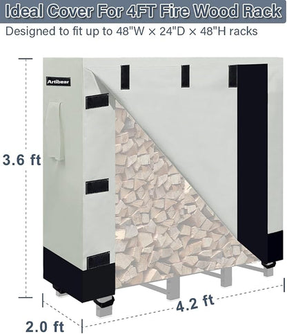 4ft Firewood Rack Cover for Wood Holder, Waterproof Wood Pile Cover for Outside, Indoor Outdoor Log Rack Cover with Buckle, Khaki, 420D Oxford Cloth (Frame not Included)