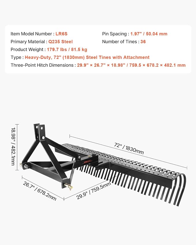 VEVOR Tow Behind Dethatcher, 72-inch 3-Point Tow Behind Lawn Dethatcher Rake with 36 Steel Tines for Tractor, Heavy Duty Landscape Rake with Attachments for Lawn, Garden, Farm, Grass, and Branches