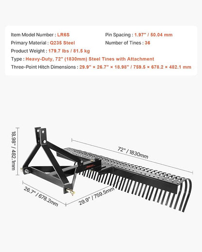 VEVOR Tow Behind Dethatcher, 72-inch 3-Point Tow Behind Lawn Dethatcher Rake with 36 Steel Tines for Tractor, Heavy Duty Landscape Rake with Attachments for Lawn, Garden, Farm, Grass, and Branches