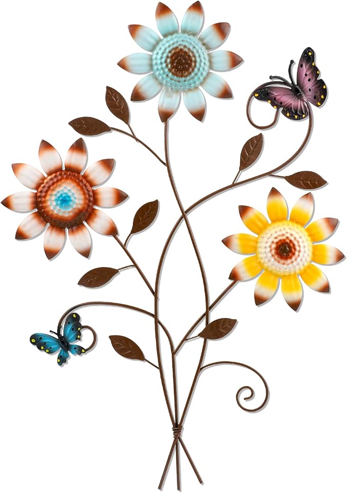 Detene Metal Sunflower Wall Decor with Butterfly 3D Colorful Outdoor Wall Art Fence Decorations for Patio Metal Flowers Wall Hanging Ornament for Garden Porch Living Room Balcony Farmhouse（Restocking soon）