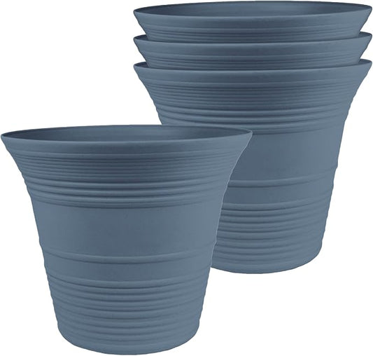 The HC Companies 9 Inch Sedona Round Self Watering Planter Pots, Lightweight UV-Resistant Plastic Indoor & Outdoor Planters, 4-Pack Flower Pots for Garden & Home Decor, Slate Blue