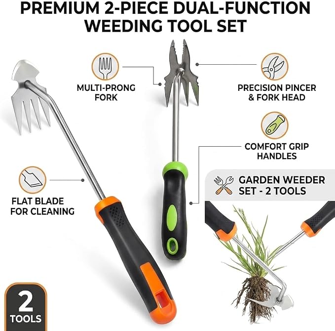 Weed Puller Tool Set - 2-Piece Hand Weeding Kit with Stainless Steel Weeder & Manganese Steel Cultivator, Precision and Power Combo for All Garden Weeds (2 PCS)