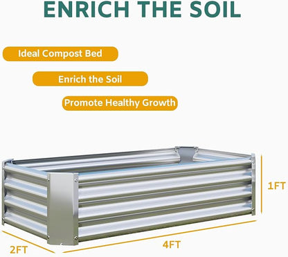Metal Galvanized Raised Garden Bed Kit, 4 x 2 x 1 ft Galvanized Steel Raised Garden Planter Box Outdoor with Open Base for Growing Vegetables/Flowers/Herbs/Fruits/Succulents, Rectangle, Silver