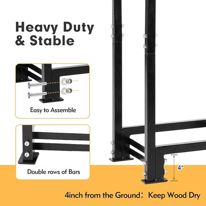nalone 4FT Outdoor Firewood Rack with Cover, Heavy Duty Square Strong Stand Rack with Waterproof Cover for Fireplace Fire Pits Wood Pile Storage Holder Lumber Rack