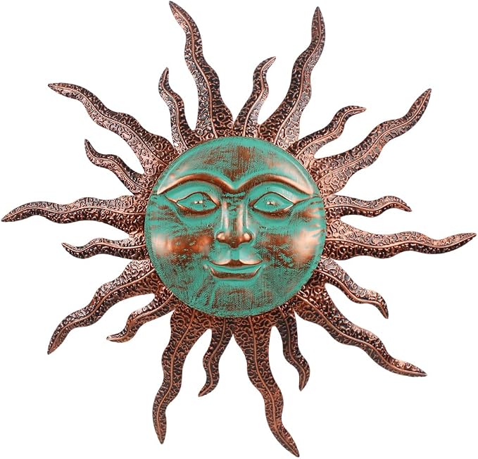 VEWOGARDEN Sun Outdoor Wall Decor, 30" Waterproof Large Metal Wall Art for Home Outside Patio Garden Fence Decorations, Brown & Green