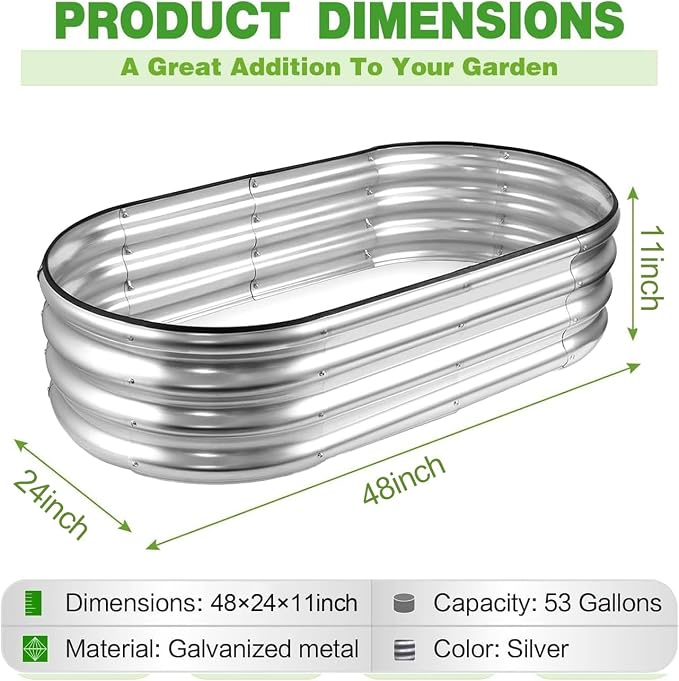 GrowHaus 4x2x1ft Galvanized Raised Garden Bed, Planter Boxes Outdoor Metal Garden Beds for Planting Vegetables Flowers Herbs Silver