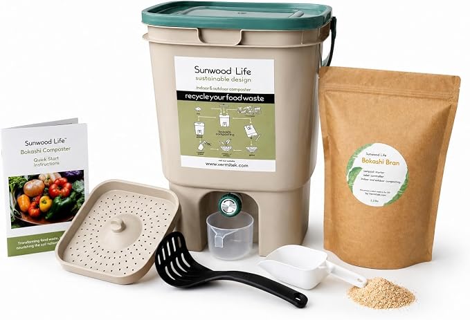 Indoor Bokashi Composter Starter Kit- Beige, 2.2 lb Premium Bokashi Bran Included, Easliy Turn Your Kitchen Wastes into Nutrition for Your Garden Soil
