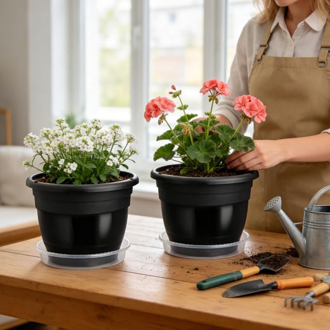 RooTrimmer 8 Inch Nursery Pots Set of 10 with Drainage Holes and Saucers,Plant Pots for Indoor Outdoor Plants,Orchid Pots for Repotting Flowers Herbs Succulents(Black)