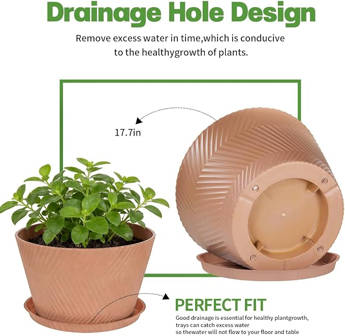 Set of 2-18 Inch Large Planter Set Includes a Pot with Round Drainage Holes and a Tray, Suitable for Tall Plants and Flowers. Extra-Large Outdoor Terracotta-Colored Plastic Planter