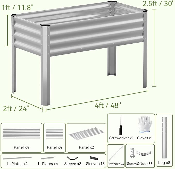 COMHOMA 2 Pack Raised Garden Bed with Legs 4x2x2.5ft,Large Elevated Galvanized Metal Planter Box with Drainage Holes,Outdoor Growing Kit with Gloves Tools for Backyard Patio Lawn,Sliver
