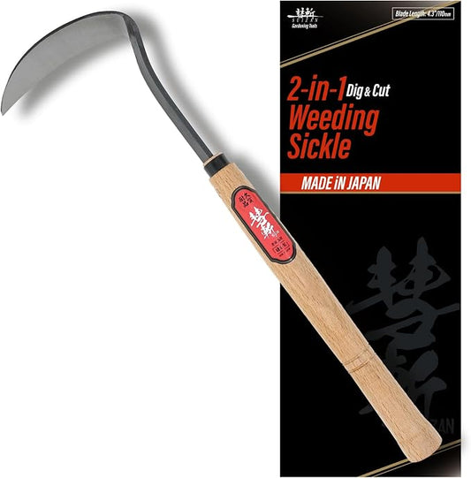 SUIZAN Nejiri Kama 2-in-1 Weeding Sickle 15.8" – Twist Blade for Root Removal & Crescent Blade for Grass Cutting – Japanese Garden Tool for Lawn & Yard