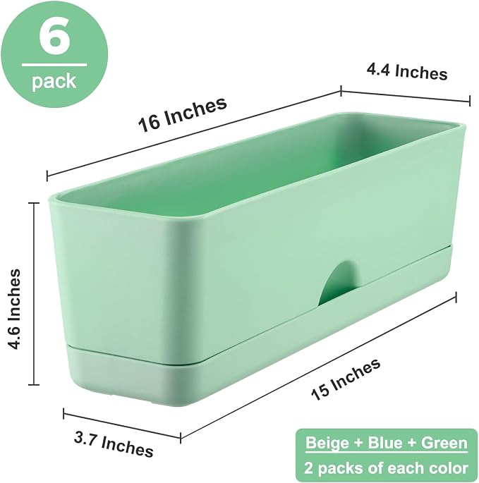 6 Pack Rectangle Planter 16 Inch Window Boxes Planters Rectangular Window Sill Planters Indoor Self Watering Plant Pots with Drainage Holes and Saucers Succulent Herb Flower Pots, Macaron Color