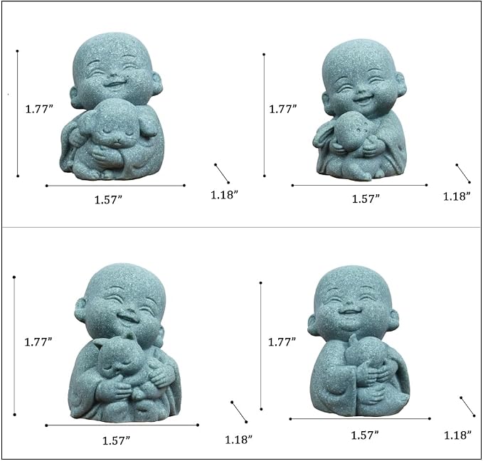 4pcs Mini Buddha Statue with Animal Companion, Aquarium Decor, Feng Shui Zen Monk Sandstone Sculpture, Cute Small Fish Tank Ornament for Home Garden, Buddha Decoration