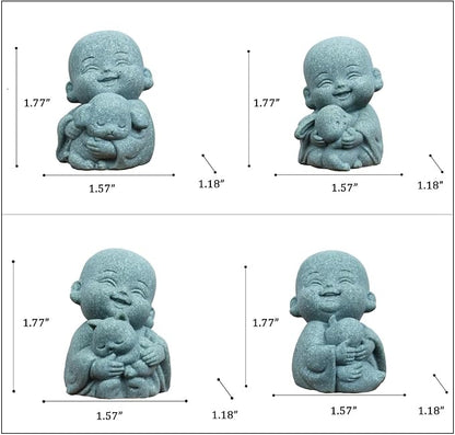 4pcs Mini Buddha Statue with Animal Companion, Aquarium Decor, Feng Shui Zen Monk Sandstone Sculpture, Cute Small Fish Tank Ornament for Home Garden, Buddha Decoration
