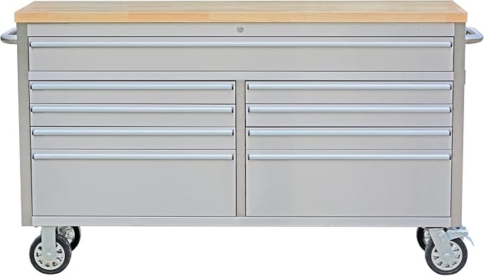 PeakPursuit 61" Rolling Tool Chest with 9 Drawers, Solid Rubber Wood Workbench Top, Locking Wheels & Key Lock, Mobile Garage Tool Cabinet for Workshop Storage & Organization, Silver