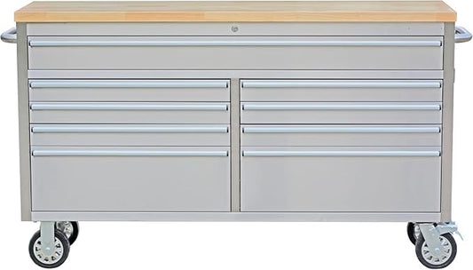 PeakPursuit 61" Rolling Tool Chest with 9 Drawers, Solid Rubber Wood Workbench Top, Locking Wheels & Key Lock, Mobile Garage Tool Cabinet for Workshop Storage & Organization, Silver