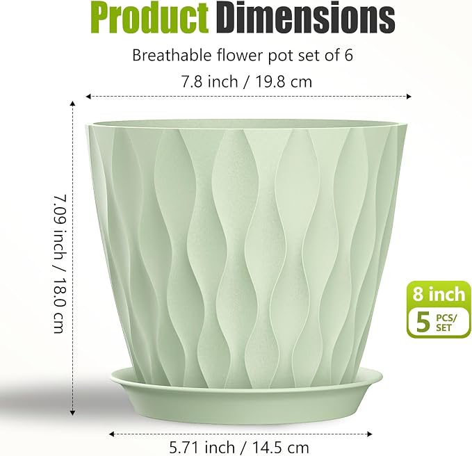 8 Inch Plastic Plant Pots,Set of 5 Flower Pots,Planters with Drainage Holes & Saucers, Indoor Outdoor Garden Pots for Home Decor(Green)