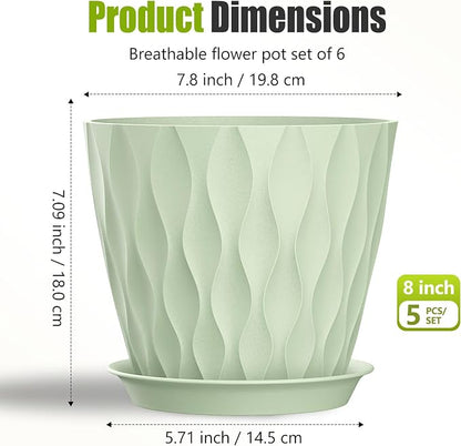8 Inch Plastic Plant Pots,Set of 5 Flower Pots,Planters with Drainage Holes & Saucers, Indoor Outdoor Garden Pots for Home Decor(Green)