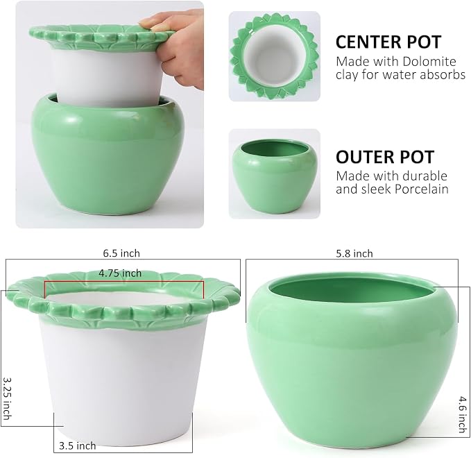 Self Watering Plant African Violet Flower Pot 6.5 * 4.6 * 4 Inch Green Ceramic Pot Maintenance Indoor Plant Self Watering Seeder Plant Planting High Absorption Plant Inner Flower Pot
