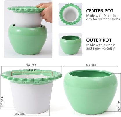 Self Watering Plant African Violet Flower Pot 6.5 * 4.6 * 4 Inch Green Ceramic Pot Maintenance Indoor Plant Self Watering Seeder Plant Planting High Absorption Plant Inner Flower Pot