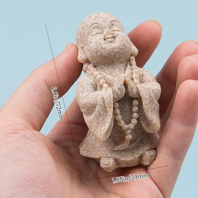 ZORZA 2Pcs Cute Mini Resin Monk Zen Buddha Statue Bring Peaceful Energy | Sandstone-Style Finish,Small Decorative Reminder to Smile Meditation,Symbol of Joy Good Luck,for Desk Garden Aquarium
