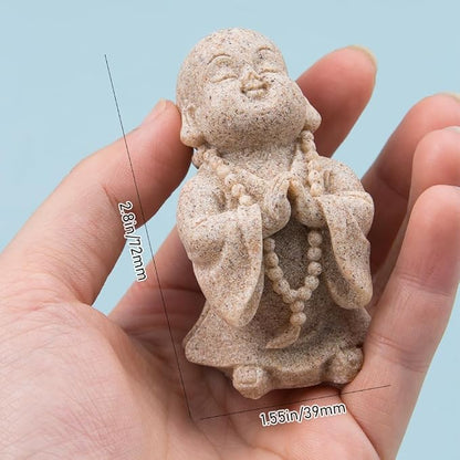 ZORZA 2Pcs Cute Mini Resin Monk Zen Buddha Statue Bring Peaceful Energy | Sandstone-Style Finish,Small Decorative Reminder to Smile Meditation,Symbol of Joy Good Luck,for Desk Garden Aquarium