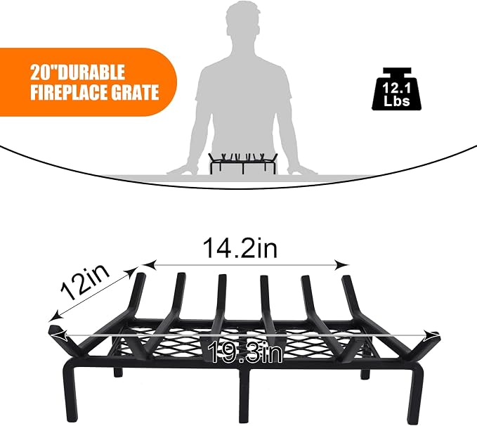 20 Inch Fireplace Grate with Ember Retainer,Cast Iron Fireplace Log Grate,Fireplace Log Holder,Heavy Duty Solid Steel Fireplace Wood Holder,Wood Stove Wrought Rack for Indoor Hearth Outdoor Fireplace