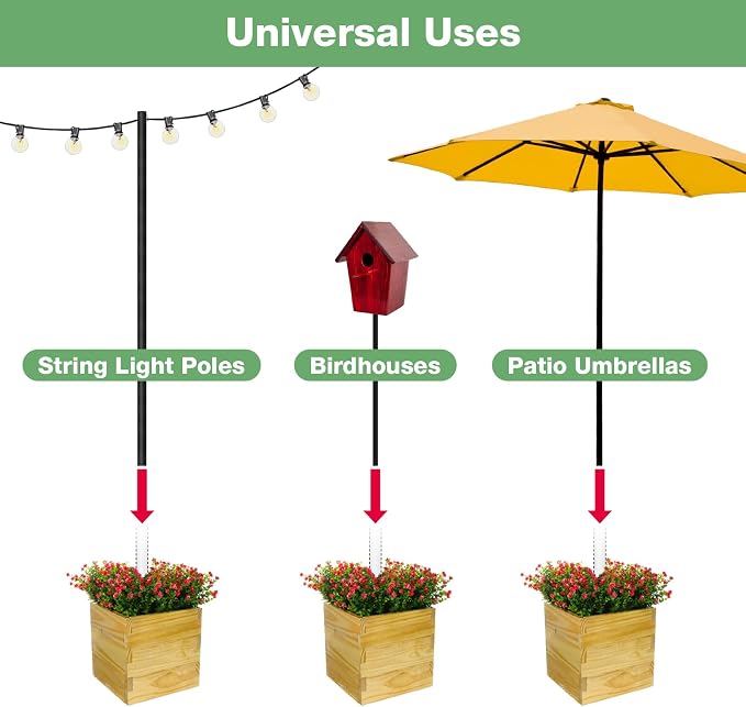 Large Decorative Wooden Planter with Universal Pole Support for String Light Poles, Umbrellas, Bird Feeders. Solid Wood Outdoor Garden Patio Box For Plants or Flowers, 14"x14"x14", Natural