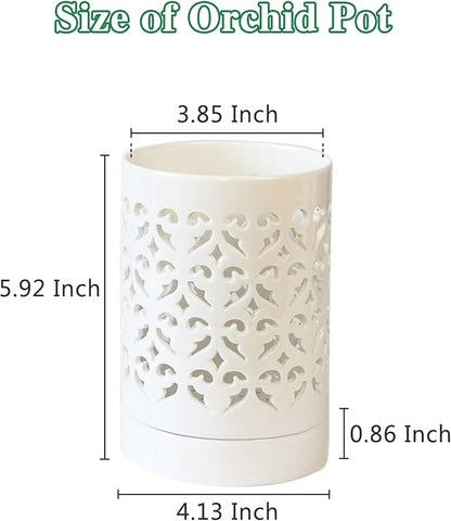 Orchid Pots with Holes 4 Inch, Ceramic Orchid Pot for Repotting with Saucers,More Ventilation Hole Easy Breathing, Plant Pot for Repotting Orchids and Other Flowers - Indoor/Outdoor