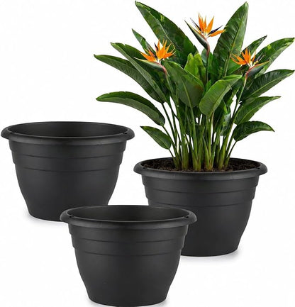 RooTrimmer 3 Pack 11 Inch Plant Pots for Indoor Outdoor,Plastic Floor Planters with Drainage Holes,Lightweight Durable Flower Pots for Home,Patio & Garden(Black)