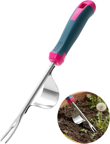2026 Upgraded Weed Puller Tool, Stainless Steel Hand Weeder，Leverage Base & V-Shaped Forks for Easy Weed Removal & Deep Root Digging, Ergonomic Soft Grip Handle Manual Weeding Tool for Garden and Lawn