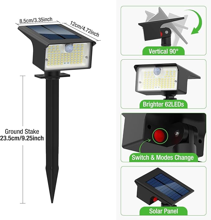 nipify 2 Pack 62 LED Solar Spot Lights Outdoor Motion Sensor with 3 Modes | 2-in-1, Auto ON/OFF, Solar Powered, Waterproof Landscape Spotlights for Outside Yard Wall Garden, Cool White